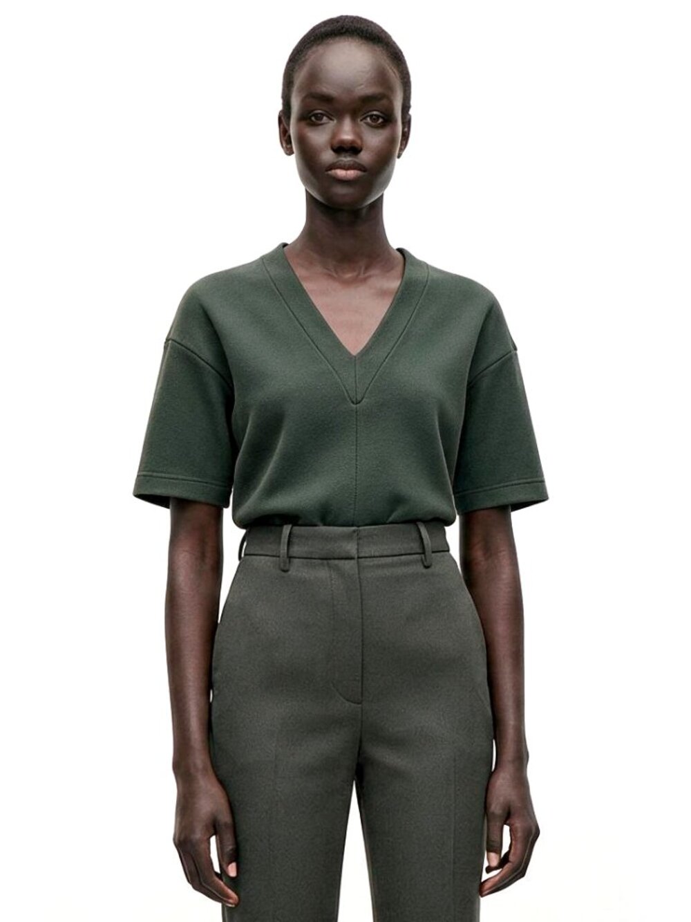 Victoria Beckham structural Sep Green V‑Neck Short Sleeve Top